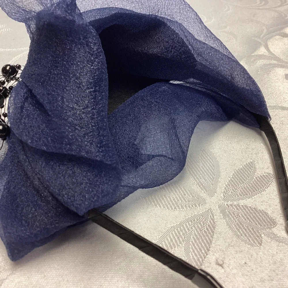 Navy vintage head covering all handmade lace and beads - Picture 2 of 6